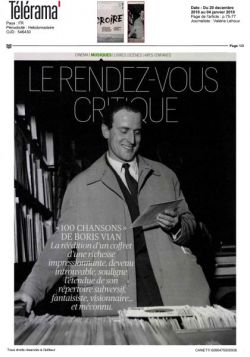 Télérama rend hommage à Boris Vian et encense le coffret 100 Chansons des Editions Jacques Canetti dans son numéro double de fin d’année